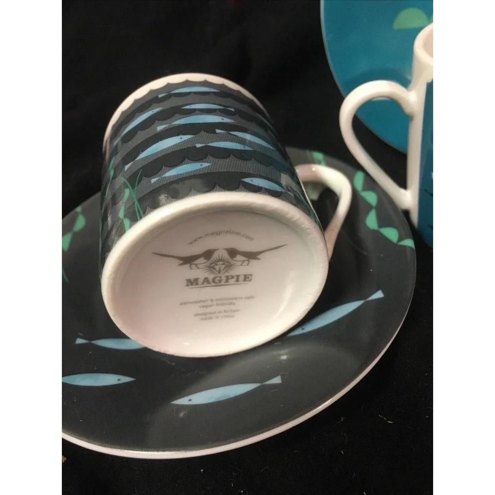 MAGPIE AHOY DESIGN, SET OF FOUR ESPRESSO NAUTICAL CUPS AND SAUCERS Teal